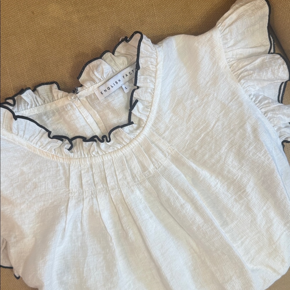 English Factory White Ruffle Sleeve Blouse with Black Trim